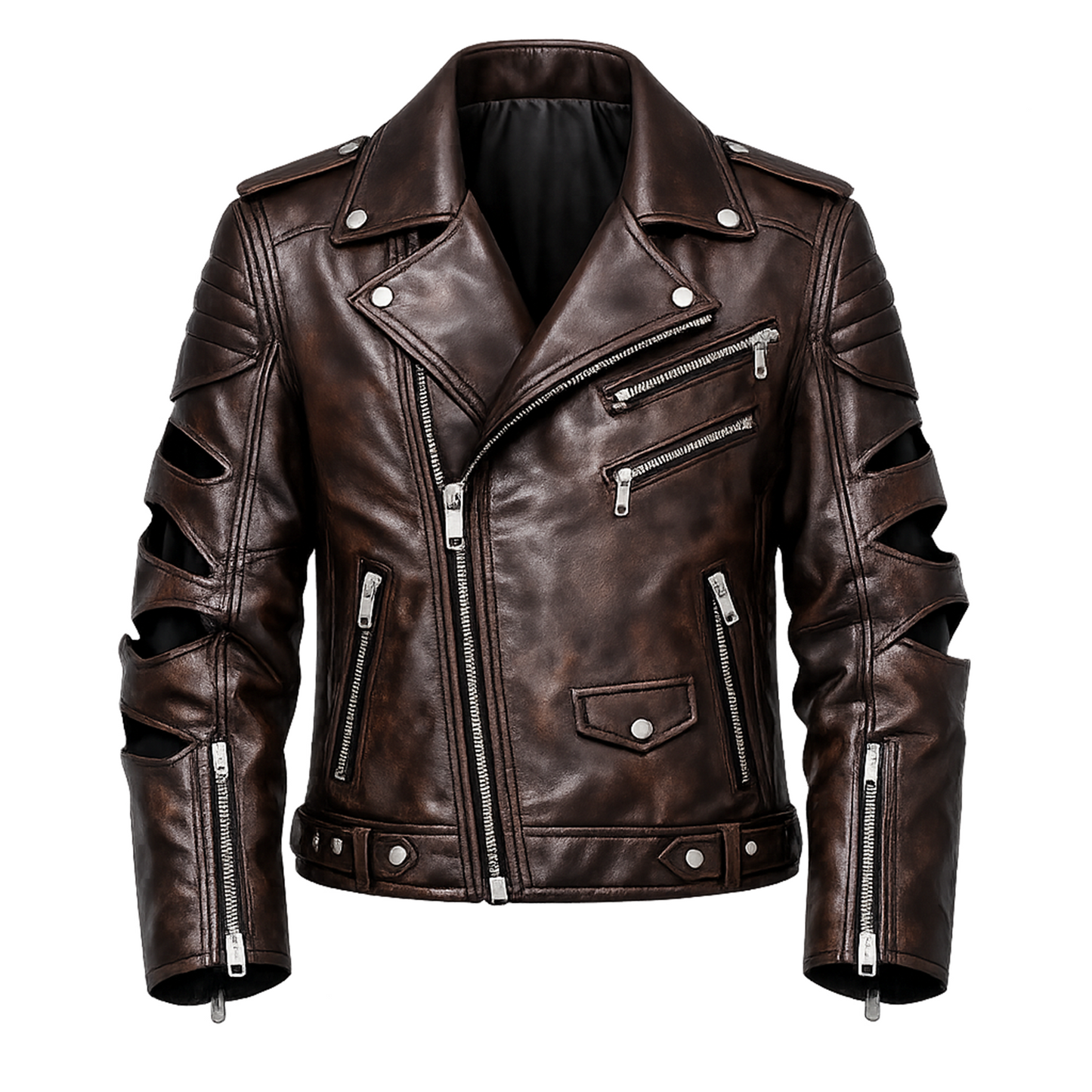 Women’s Dark Brown Moto Leather Jacket – Asymmetrical Zip Biker Coat with Cutout Sleeves