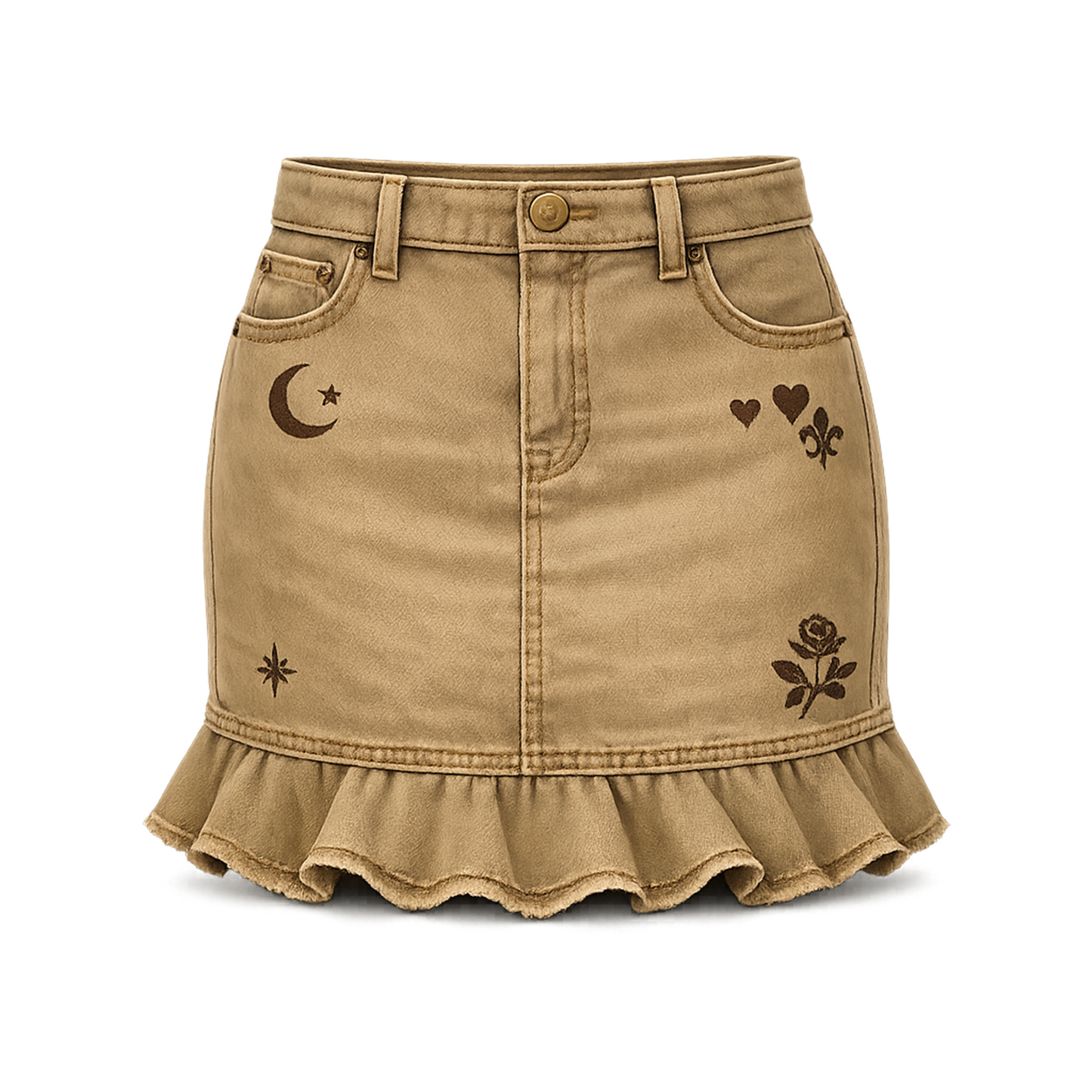 Khaki Ruffle Hem Denim Mini Skirt – Moon & Heart Print