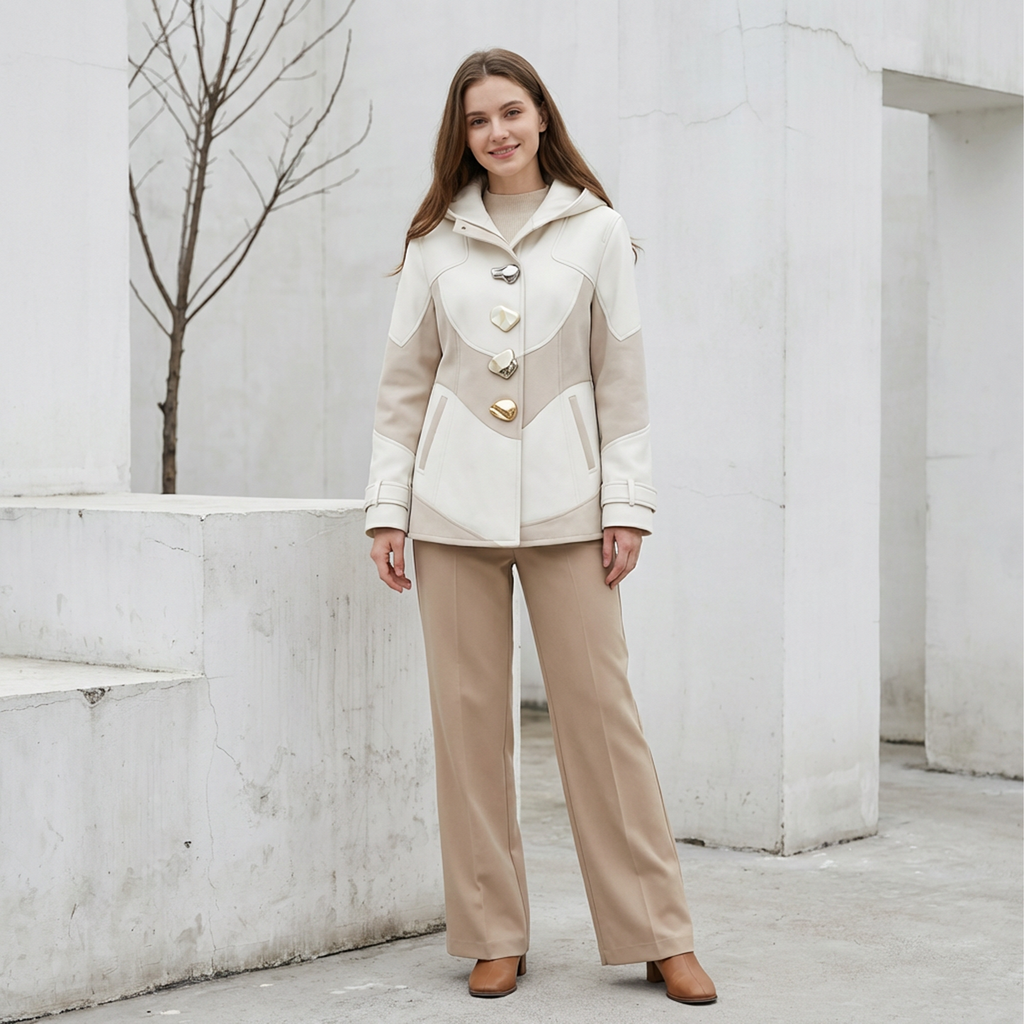 Women’s Colorblock Hooded Coat – Cream & Taupe Button-Up Jacket with Statement Hardware