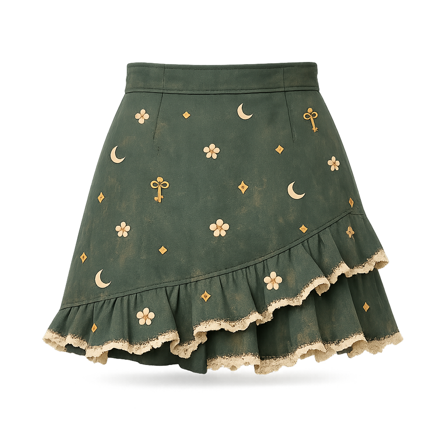 Forest Green Asymmetrical Ruffle Mini Skirt – Moon & Floral Print Lace Trim