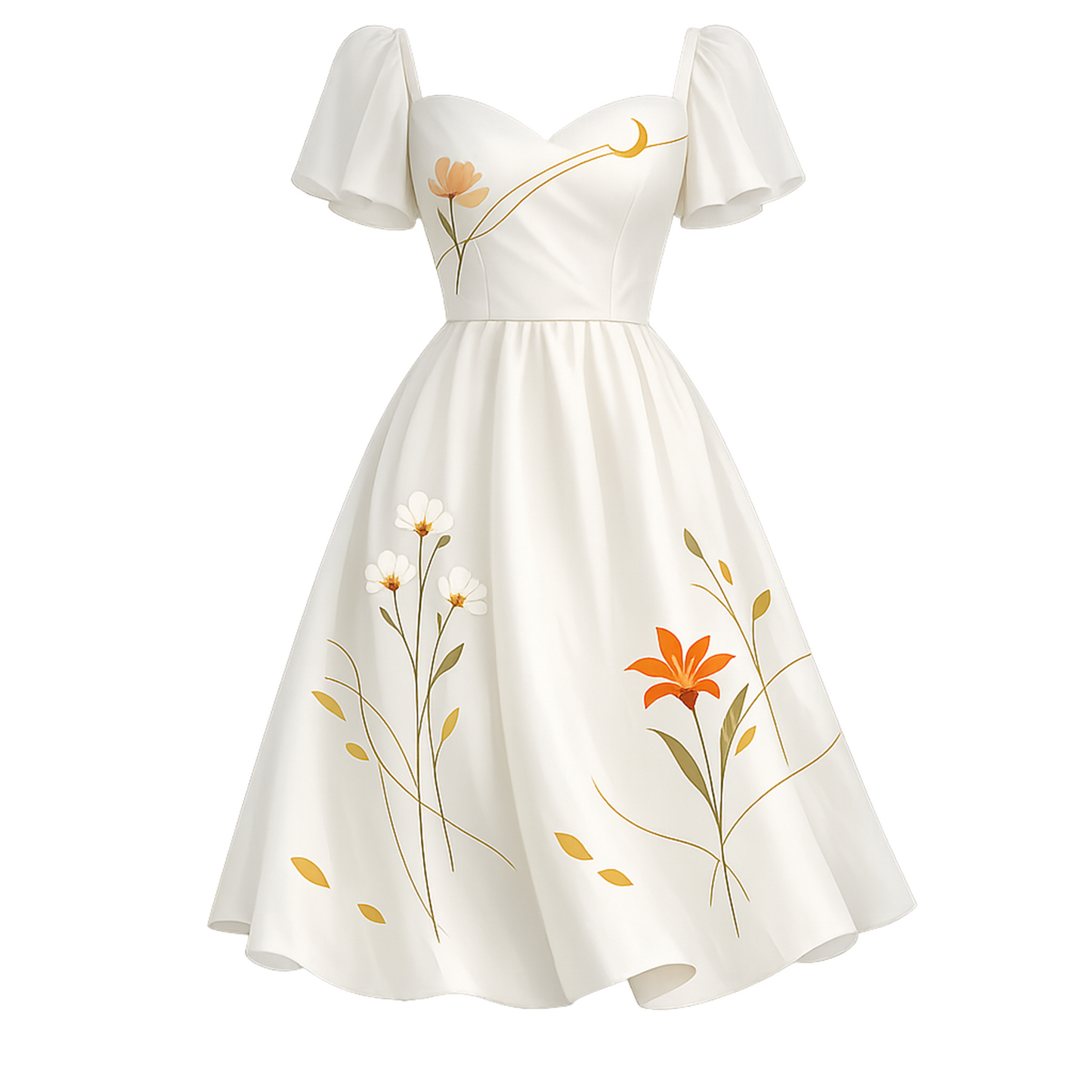 Ivory Floral Off-Shoulder Midi Dress – Sweetheart Neckline Fit & Flare