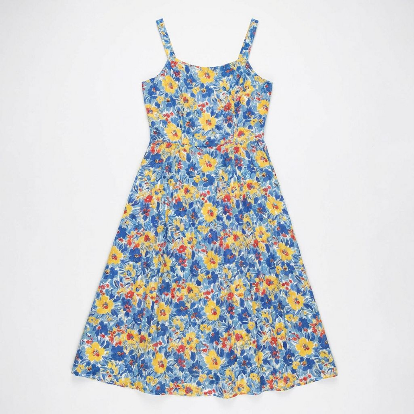 Blue Floral Print Midi Dress – Sleeveless Strappy A-Line Sundress