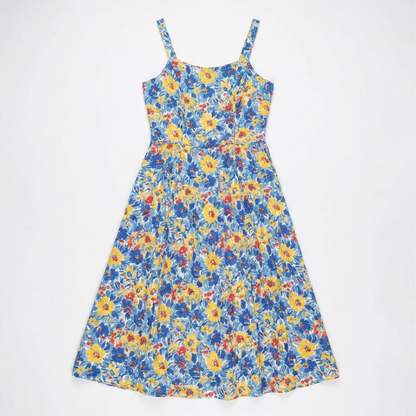 Blue Floral Print Midi Dress – Sleeveless Strappy A-Line Sundress