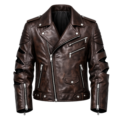 Women’s Dark Brown Moto Leather Jacket – Asymmetrical Zip Biker Coat with Cutout Sleeves