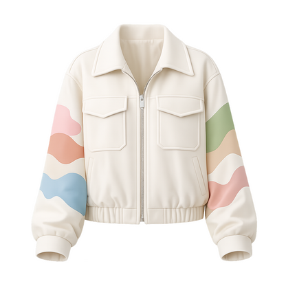 Women’s Cream Zip-Up Jacket – Pastel Wave Sleeve Bomber with Utility Pockets