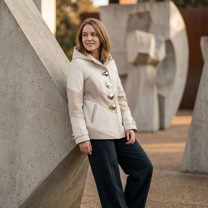 Women’s Colorblock Hooded Coat – Cream &amp; Taupe Button-Up Jacket with Statement Hardware
