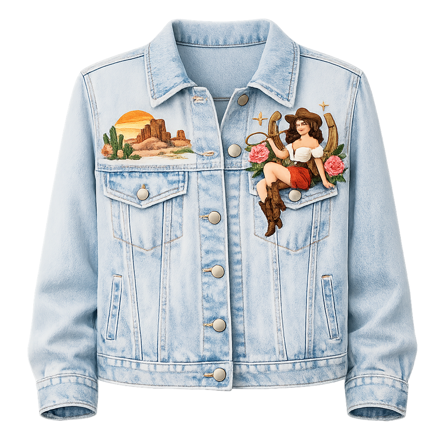 Light Wash Western Graphic Denim Jacket – Button-Front Trucker with Desert &amp; Cowgirl Art