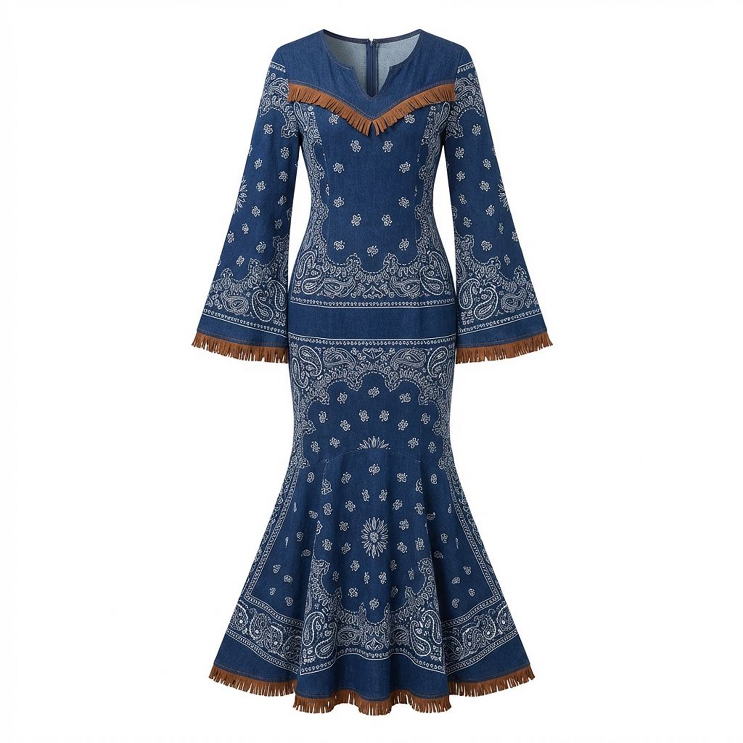 Denim Bandana Print Mermaid Maxi Dress – Fringe Trim Bell Sleeves
