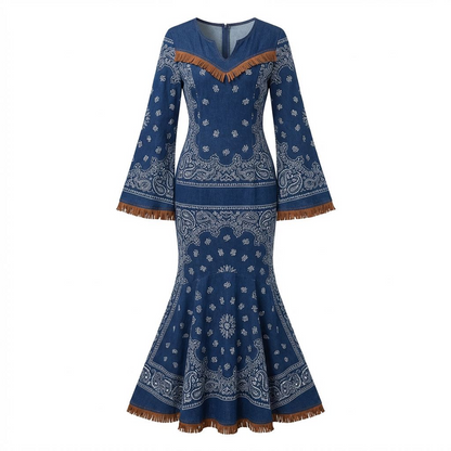 Denim Bandana Print Mermaid Maxi Dress – Fringe Trim Bell Sleeves