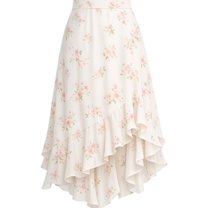 Ivory Floral Ruffle Maxi Skirt – Asymmetrical Hem Tiered Chiffon Look