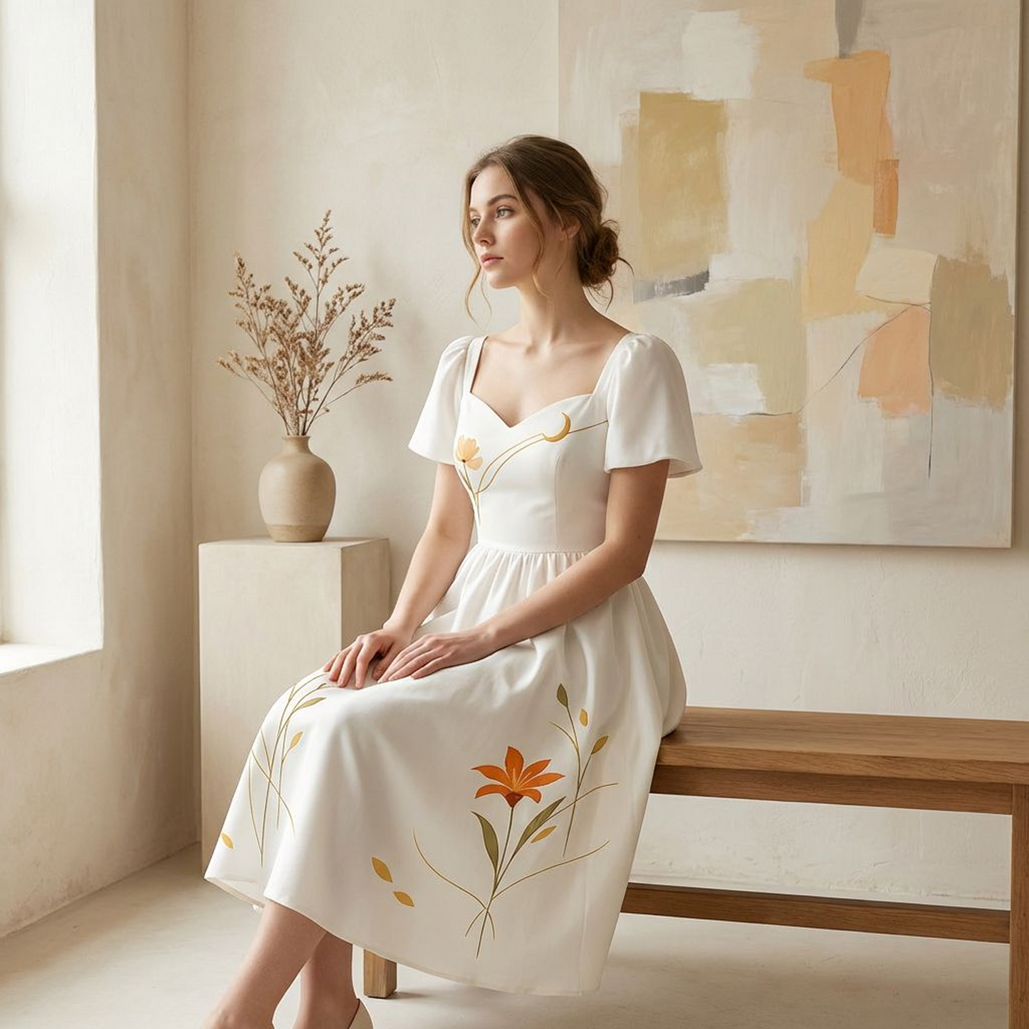 Ivory Floral Off-Shoulder Midi Dress – Sweetheart Neckline Fit &amp; Flare