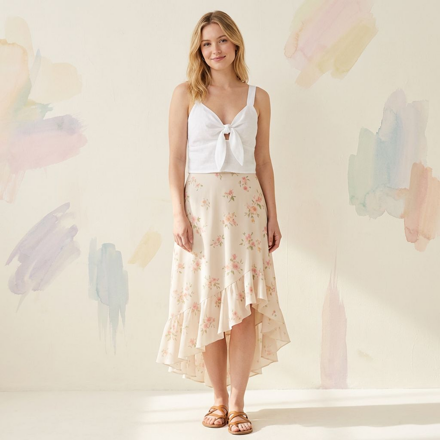 Ivory Floral Ruffle Maxi Skirt – Asymmetrical Hem Tiered Chiffon Look