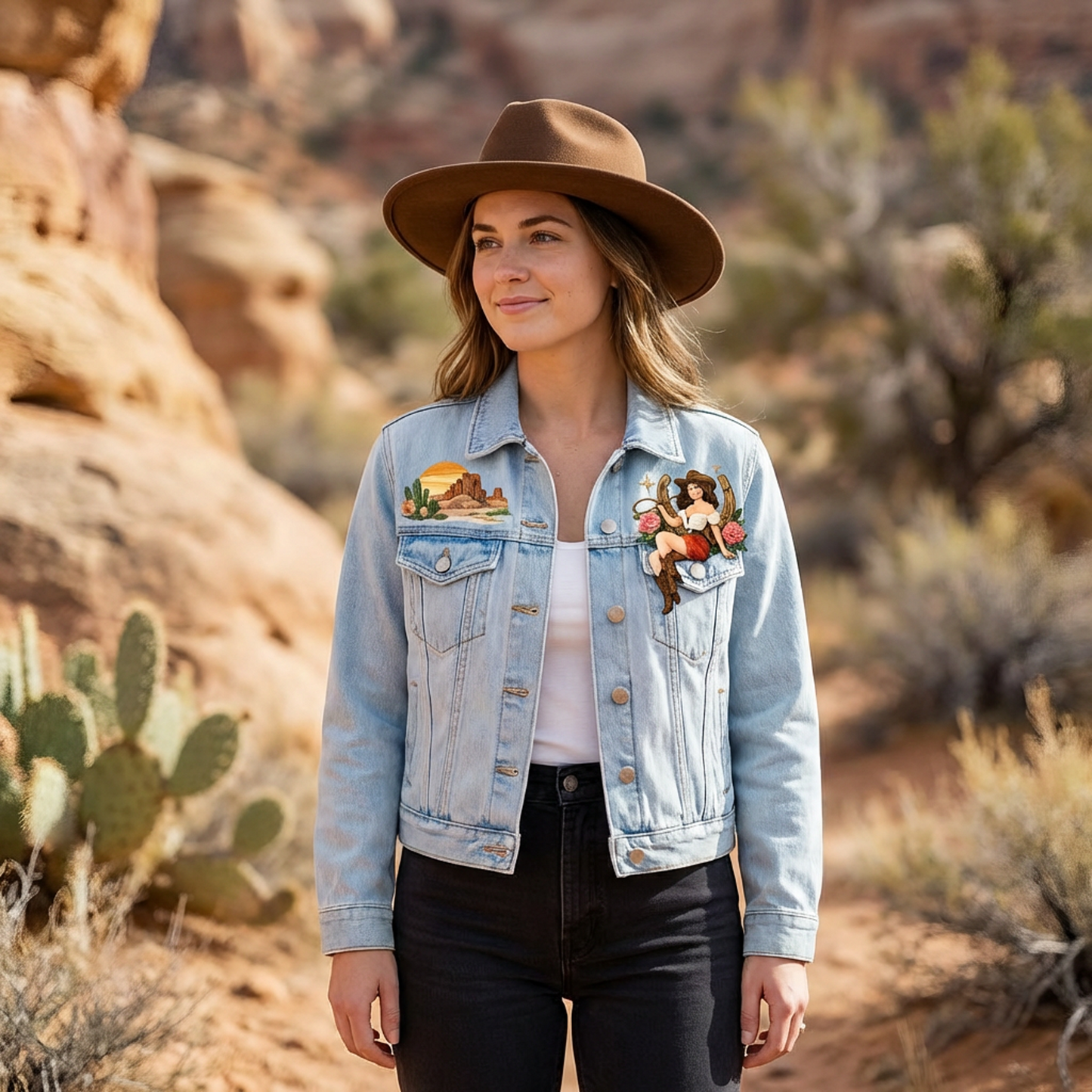 Light Wash Western Graphic Denim Jacket – Button-Front Trucker with Desert &amp; Cowgirl Art