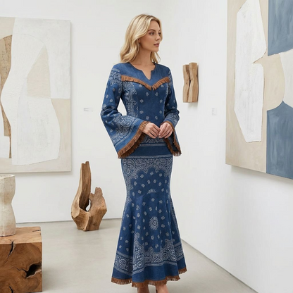 Denim Bandana Print Mermaid Maxi Dress – Fringe Trim Bell Sleeves