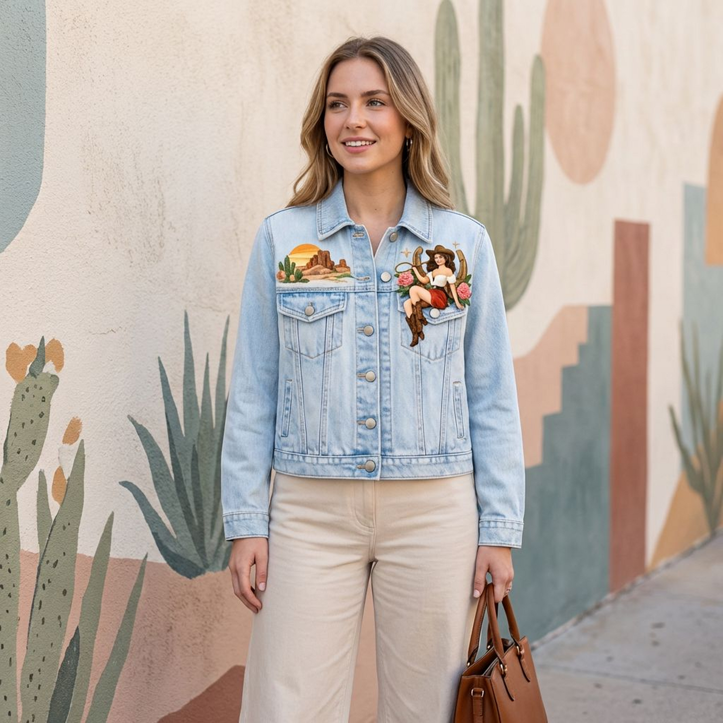 Light Wash Western Graphic Denim Jacket – Button-Front Trucker with Desert &amp; Cowgirl Art