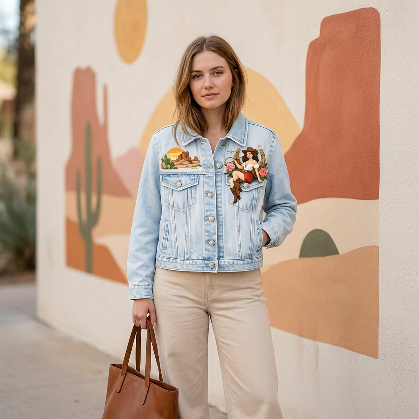 Light Wash Western Graphic Denim Jacket – Button-Front Trucker with Desert &amp; Cowgirl Art
