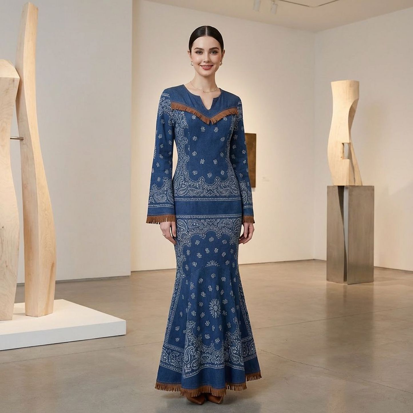 Denim Bandana Print Mermaid Maxi Dress – Fringe Trim Bell Sleeves