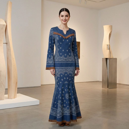 Denim Bandana Print Mermaid Maxi Dress – Fringe Trim Bell Sleeves
