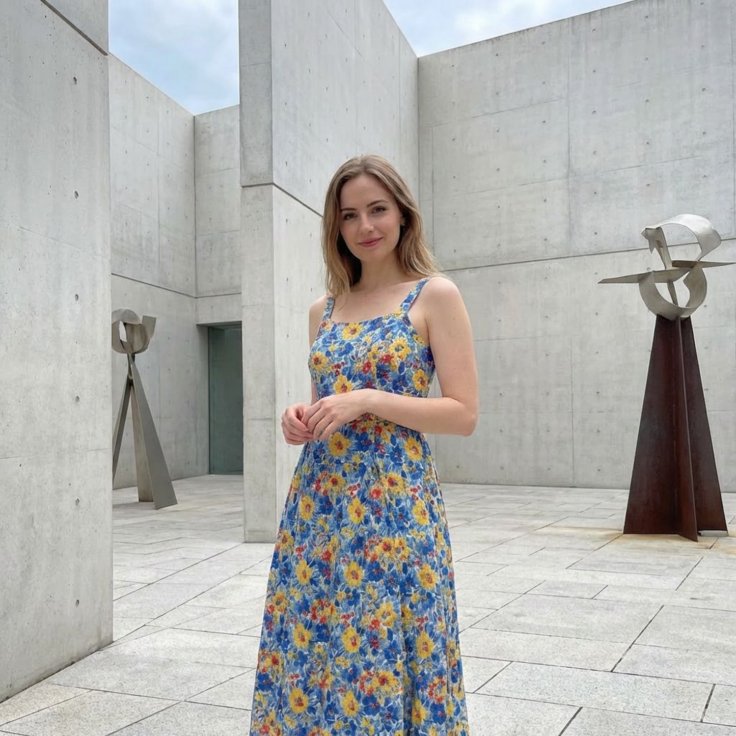 Blue Floral Print Midi Dress – Sleeveless Strappy A-Line Sundress