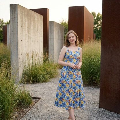 Blue Floral Print Midi Dress – Sleeveless Strappy A-Line Sundress